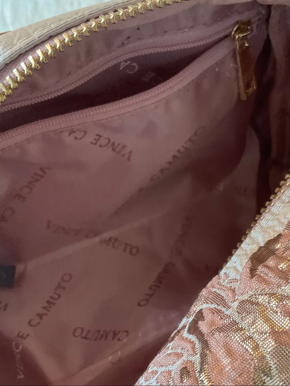 Vince Camuto Blush Pink and Gold Floral Jacquard Cosmetic Pouch